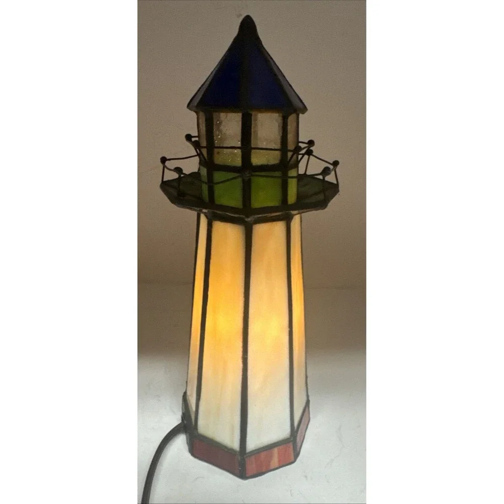 Tiffany Style Stained Slag Glass Lighthouse Accent Lamp Beach Shore WORKS